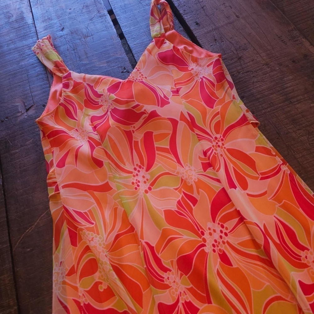 Y2K Early 2000s Orange & Pink Floral Print Dress Ruffle Summer Sun Dress Vintage - Picture 6 of 8